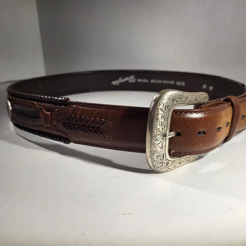 Brown Leather Belt 46 Silver‑Tone Buckle Medallions Western Unisex